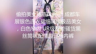 偷拍美女裙底风光❤️成都车展银色连衣裙细高跟极品美女，白色窄内 UR级反差骚货黑丝筒袜配情趣开档内裤